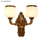 Vintage Style Brass Wall Sconce Lamp With 1/2-Light Drum Shade In White Glass