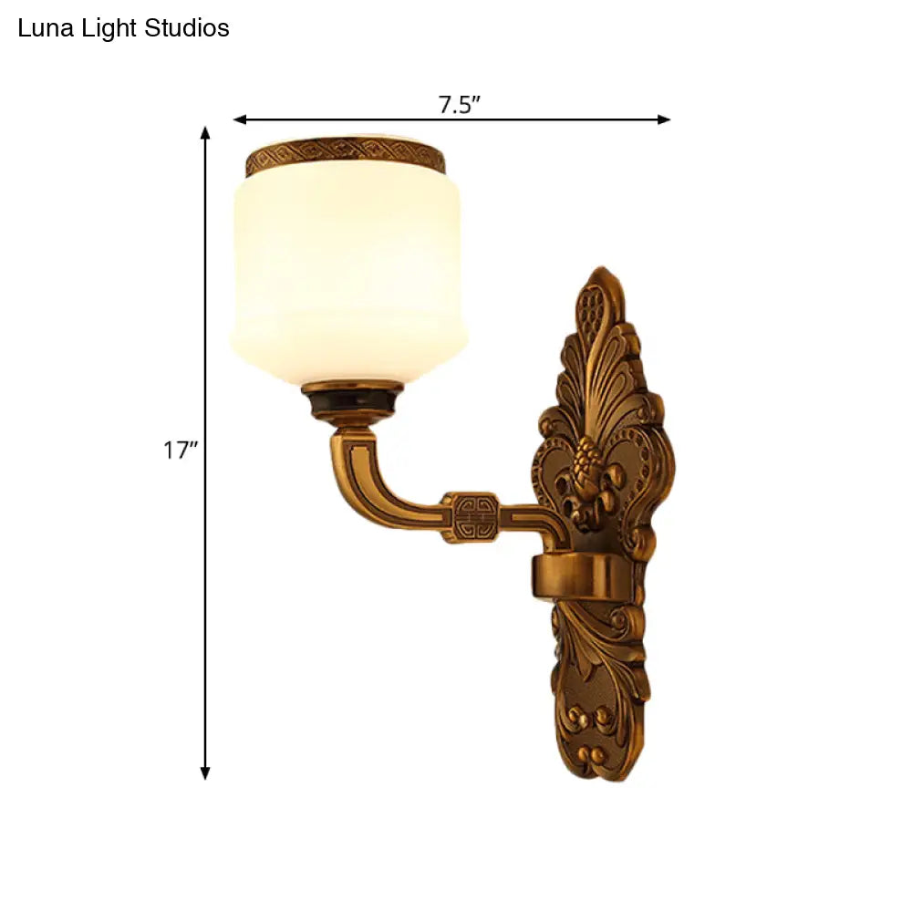 Vintage Style Brass Wall Sconce Lamp With 1/2-Light Drum Shade In White Glass