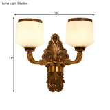 Vintage Style Brass Wall Sconce Lamp With 1/2-Light Drum Shade In White Glass