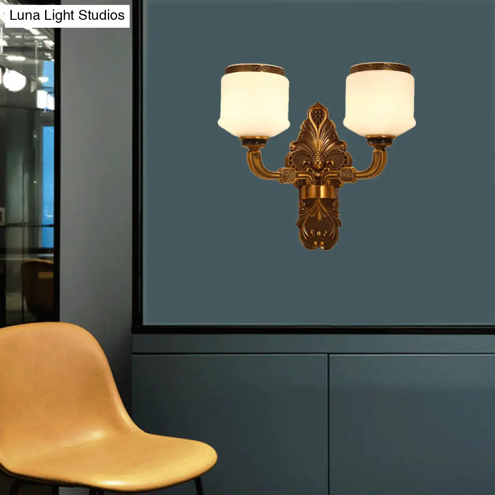 Vintage Style Brass Wall Sconce Lamp With 1/2-Light Drum Shade In White Glass