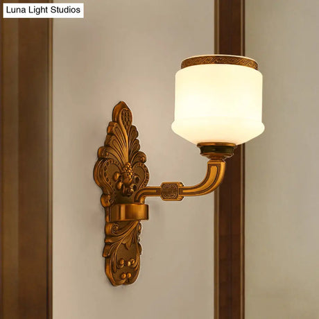 Vintage Style Brass Wall Sconce Lamp With 1/2-Light Drum Shade In White Glass