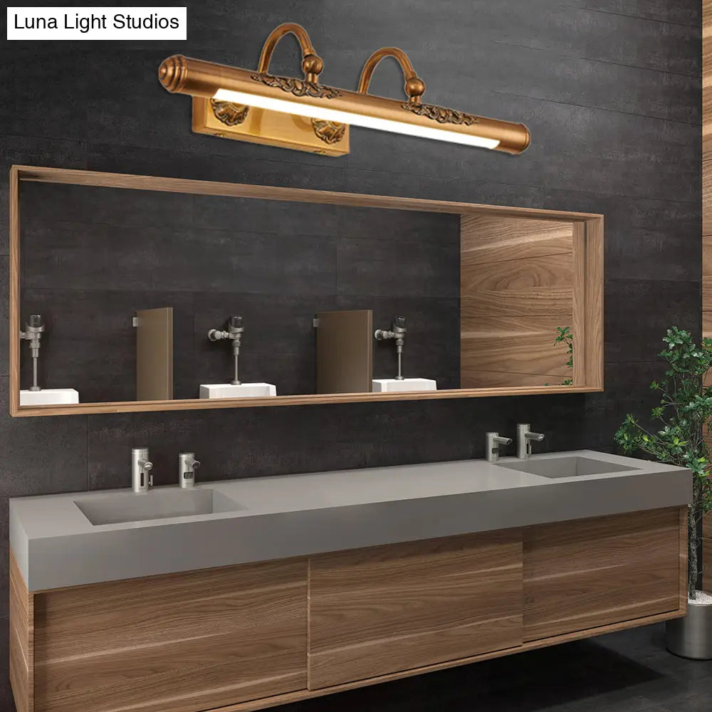 Vintage-Style Carved Vanity Light With Golden Led Tube Shade - Perfect For Bathroom Walls