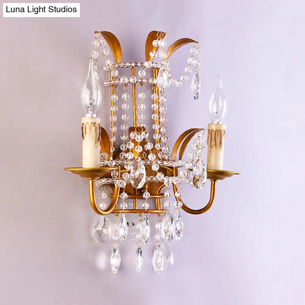 Vintage Style Clear Crystal Beaded Sconce Wall Lamp With Brass Finish - Ideal For Bedroom