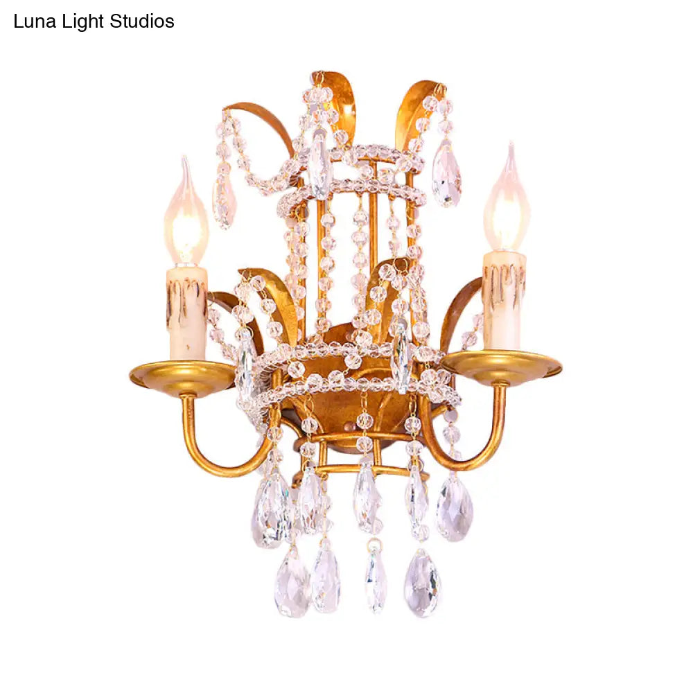 Vintage Style Clear Crystal Beaded Sconce Wall Lamp With Brass Finish - Ideal For Bedroom