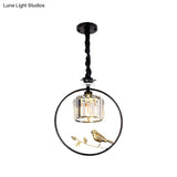 Vintage Style Clear Crystal Drum Ceiling Light With Bird Accent In Black/Gold