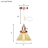 Vintage Style Conical Hanging Pendant Light With Amber/Clear Glass And Metal Head In
