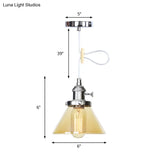 Vintage Style Conical Hanging Pendant Light With Amber/Clear Glass And Metal Head In