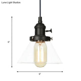 Vintage Style Conical Hanging Pendant Light With Amber/Clear Glass And Metal Head In