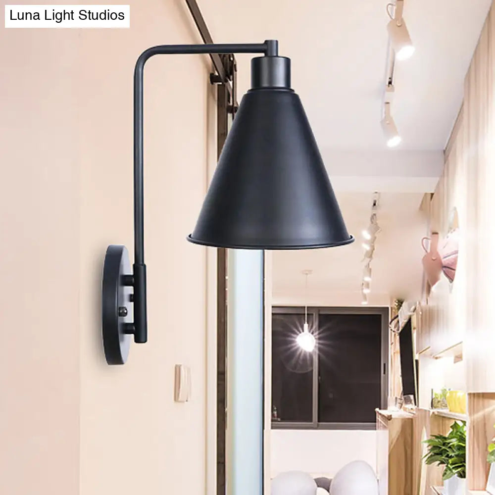 Vintage Style Conical Wall Sconce: Black/Rust Iron Lamp With Angle Arm For Farmhouse Décor