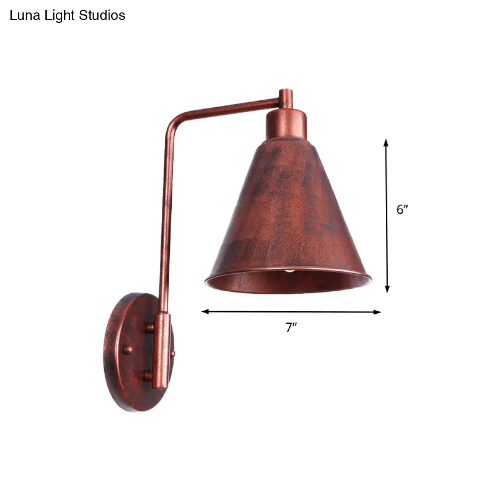 Vintage Style Conical Wall Sconce: Black/Rust Iron Lamp With Angle Arm For Farmhouse Décor