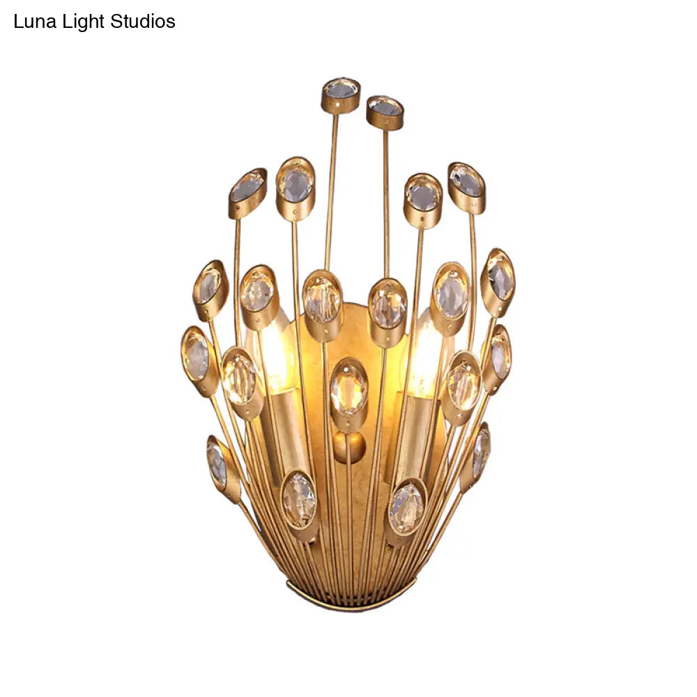 Vintage Style Crystal Wall Lamp With Peacock Tail Design - 2 Heads Brass Finish