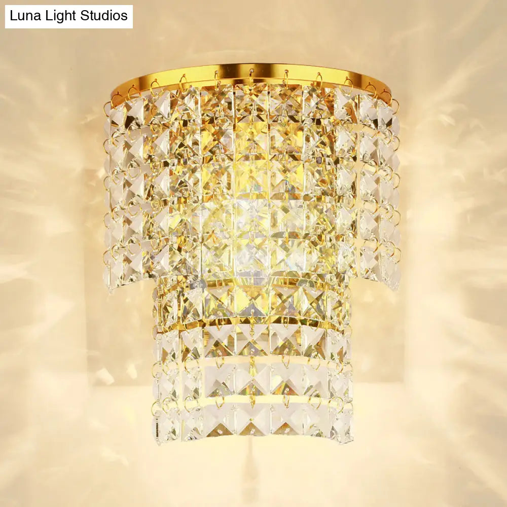 Vintage Style Crystal Wall Sconce With Double Layers & Chrome/Gold Finish - 1 Light Square Shape