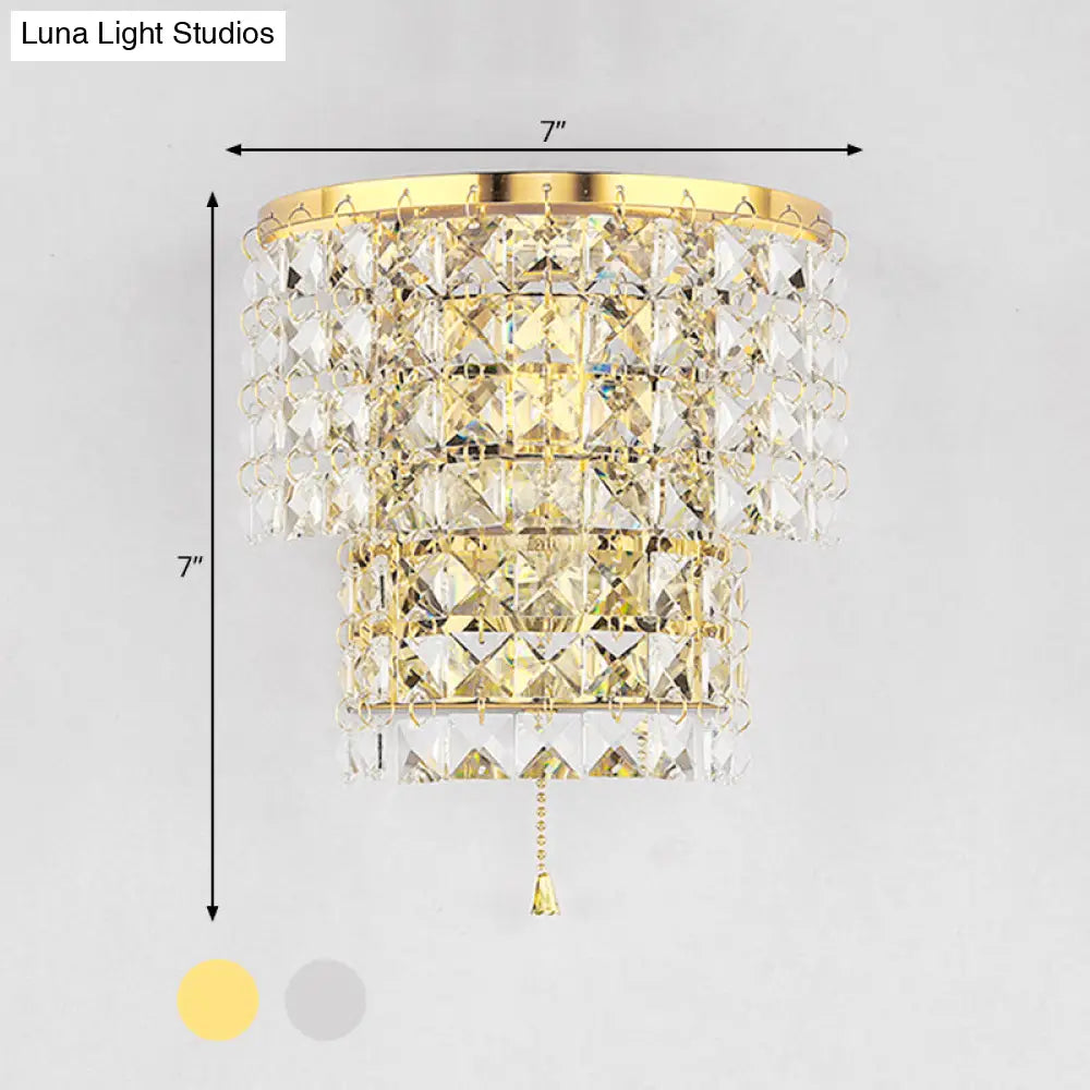 Vintage Style Crystal Wall Sconce With Double Layers & Chrome/Gold Finish - 1 Light Square Shape