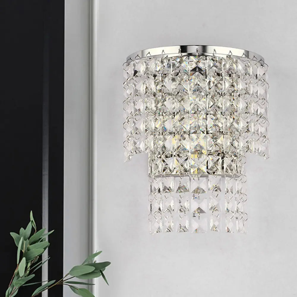 Vintage Style Crystal Wall Sconce With Double Layers & Chrome/Gold Finish - 1 Light Square Shape