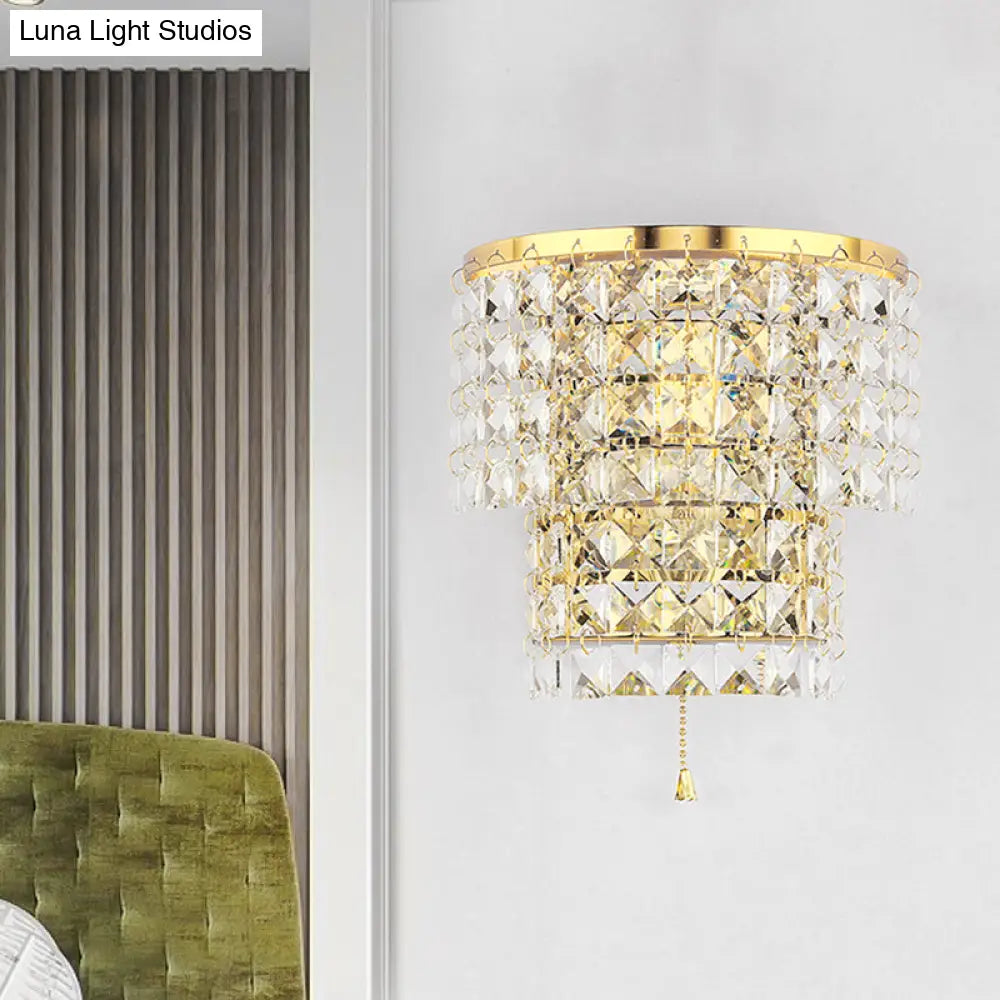 Vintage Style Crystal Wall Sconce With Double Layers & Chrome/Gold Finish - 1 Light Square Shape