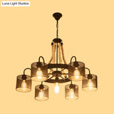Vintage Style Cylinder Mesh Metal Shade Chandelier: 6-Head Restaurant Hanging Light In Beige