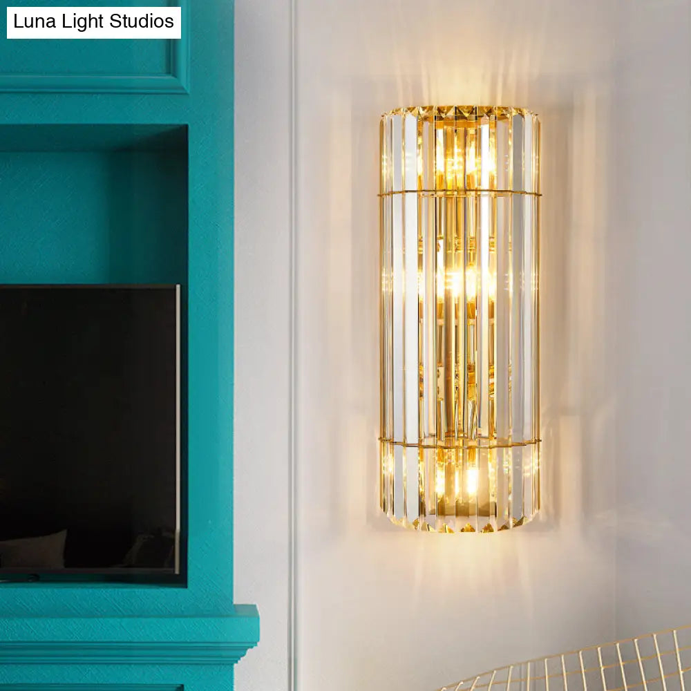 Vintage Style Cylindrical Crystal Sconce Lighting - Wall Mounted Lamp For Hallway Golden Finish