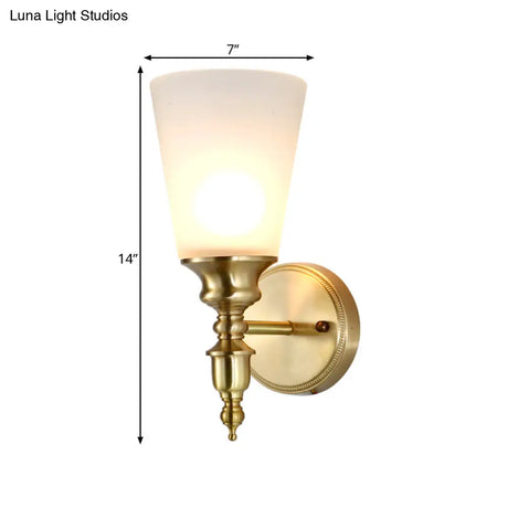 Vintage Style Frosted Glass Wall Mount Light In Brass With Conical Shape And 1/2-Head