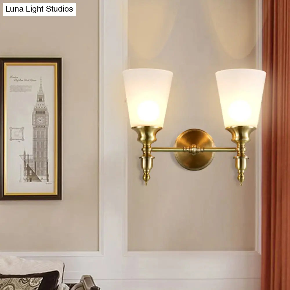Vintage Style Frosted Glass Wall Mount Light In Brass With Conical Shape And 1/2-Head
