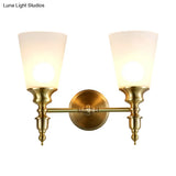 Vintage Style Frosted Glass Wall Mount Light In Brass With Conical Shape And 1/2-Head