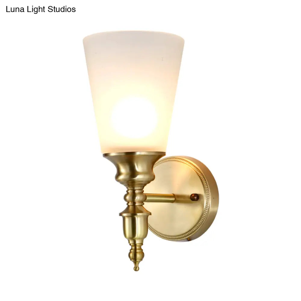 Vintage Style Frosted Glass Wall Mount Light In Brass With Conical Shape And 1/2-Head