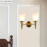 Vintage Style Frosted Glass Wall Mount Light In Brass With Conical Shape And 1/2-Head