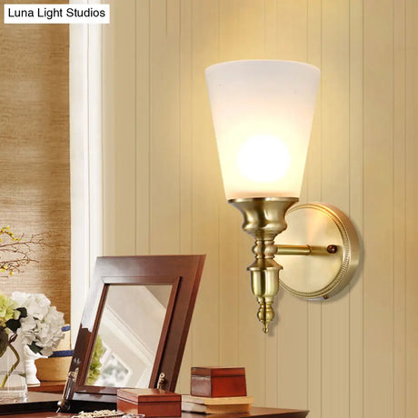 Vintage Style Frosted Glass Wall Mount Light In Brass With Conical Shape And 1/2-Head