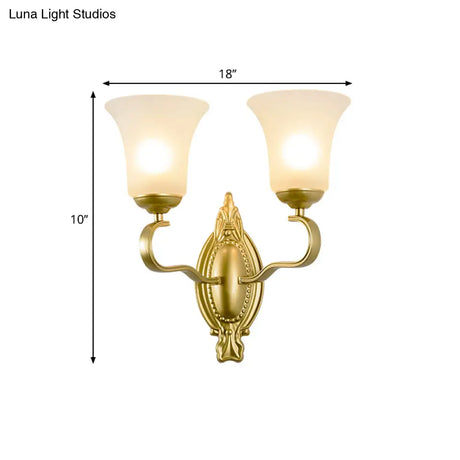 Vintage Style Gold Bell Opal Glass Wall Sconce Light Fixture For Hallways - 1/2-Head Corridor Mount