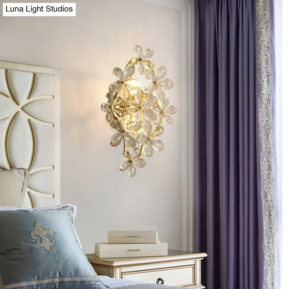 Vintage Style Gold Crystal Flower Wall Sconce - Bedroom Lamp