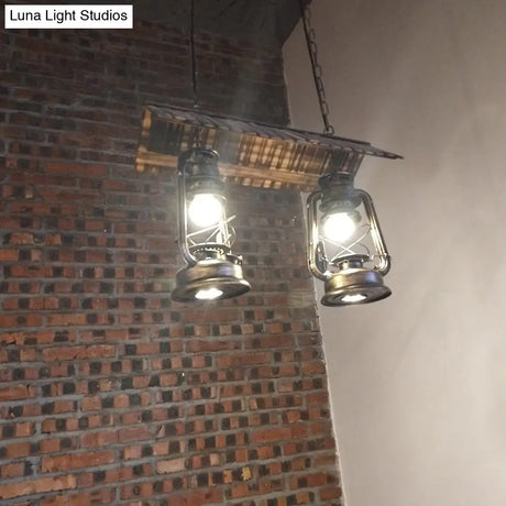 Vintage Style Kerosene Island Light Chandelier With 2 Dark Brown Metal Pendant Lights For Kitchen