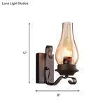 Vintage Style Matte Black Amber Glass Wall Sconce - Single Light Kerosene Living Room Lamp With