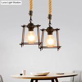 Vintage Style Metal And Rope Pendant Light With Black Wire Cage Cylinder/Square Shade