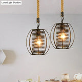 Vintage Style Metal And Rope Pendant Light With Black Wire Cage Cylinder/Square Shade