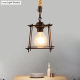 Vintage Style Metal And Rope Pendant Light With Black Wire Cage Cylinder/Square Shade