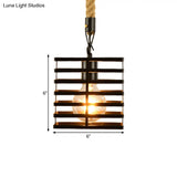 Vintage Style Metal And Rope Pendant Light With Black Wire Cage Cylinder/Square Shade