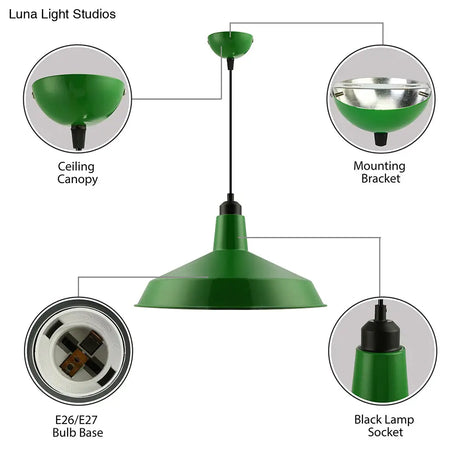 Vintage Style Metal Green Barn Shade Pendant Ceiling Fixture With Flexible Suspension - Ideal For