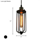 Vintage Style Metallic Matte Black Pendant Lamp With Cage Shade - 1 Light Hanging Fixture