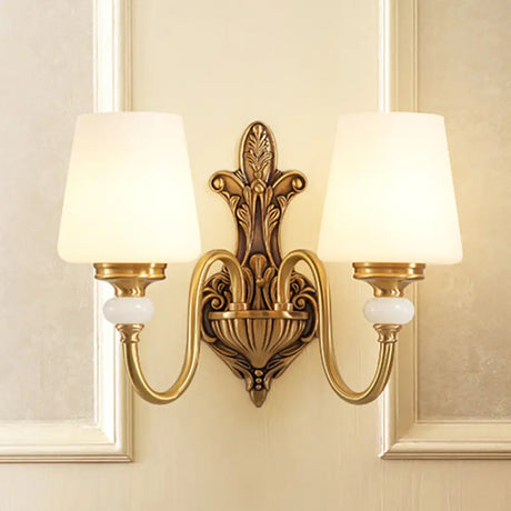 Vintage-Style Opal Glass Tapered Sconce Light With Golden Gooseneck Arm - Bedroom Wall Mount 2 /
