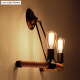 Vintage Style Roped Half-Ring Wall Light With 2 Bare Bulbs In Black For Living Room