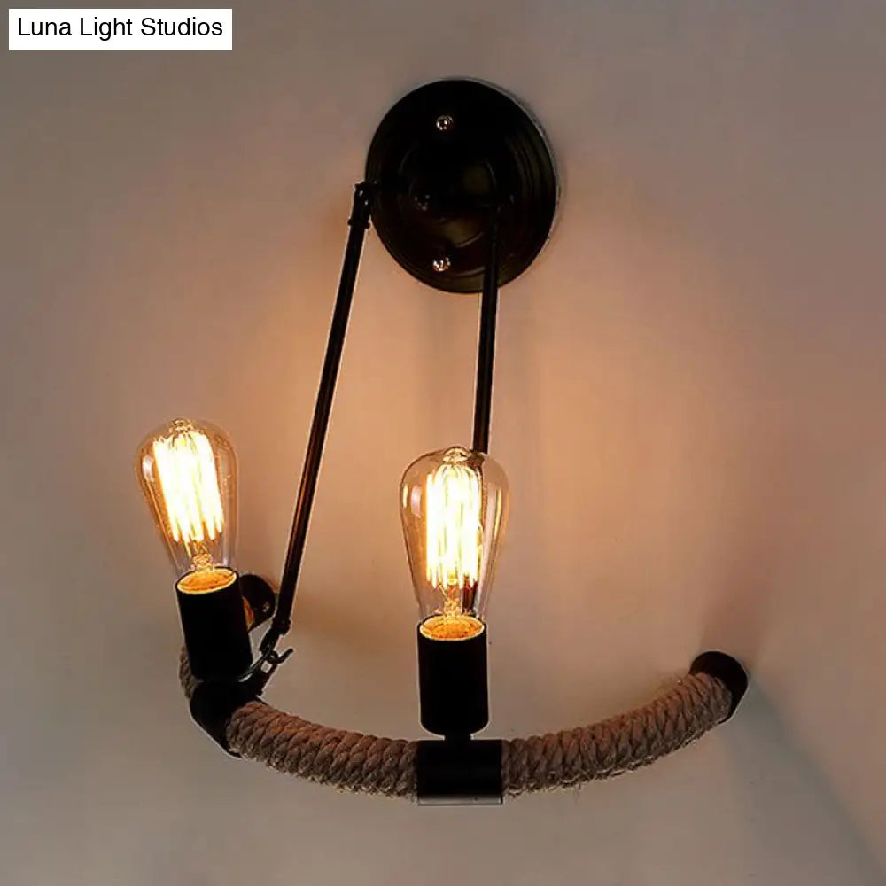 Vintage Style Roped Half-Ring Wall Light With 2 Bare Bulbs In Black For Living Room
