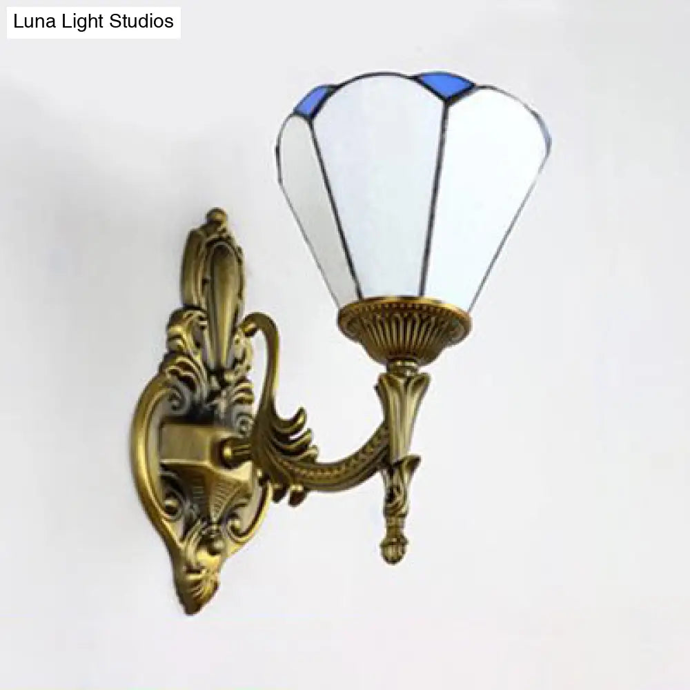 Vintage Style Stained Glass Cone Wall Sconce Lamp With 1 Light White/Blue For Living Room