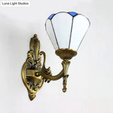 Vintage Style Stained Glass Cone Wall Sconce Lamp With 1 Light White/Blue For Living Room