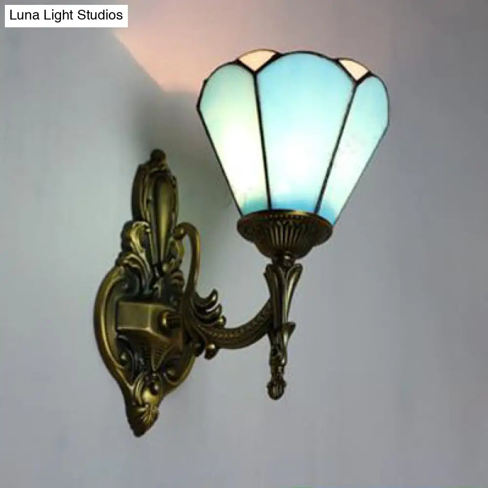Vintage Style Stained Glass Cone Wall Sconce Lamp With 1 Light White/Blue For Living Room