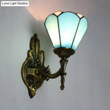 Vintage Style Stained Glass Cone Wall Sconce Lamp With 1 Light White/Blue For Living Room