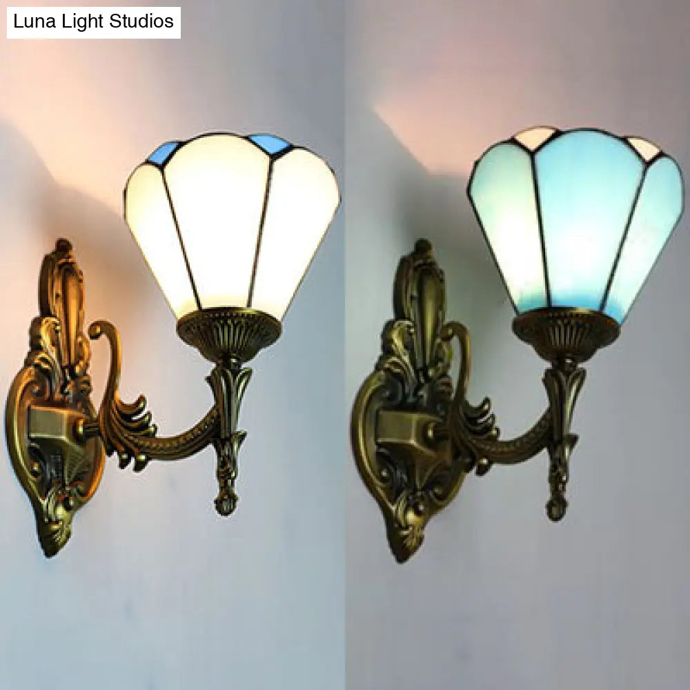 Vintage Style Stained Glass Cone Wall Sconce Lamp With 1 Light White/Blue For Living Room