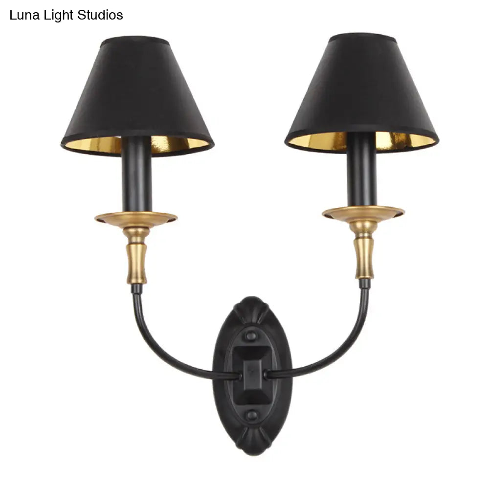 Vintage Style Tapered Wall Sconce With Fabric Shade - 1/2 Lights Black Finish