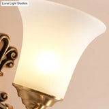 Vintage-Style White Glass Bell Wall Sconce Light With Brass Finish And Crystal Accent For Bedroom