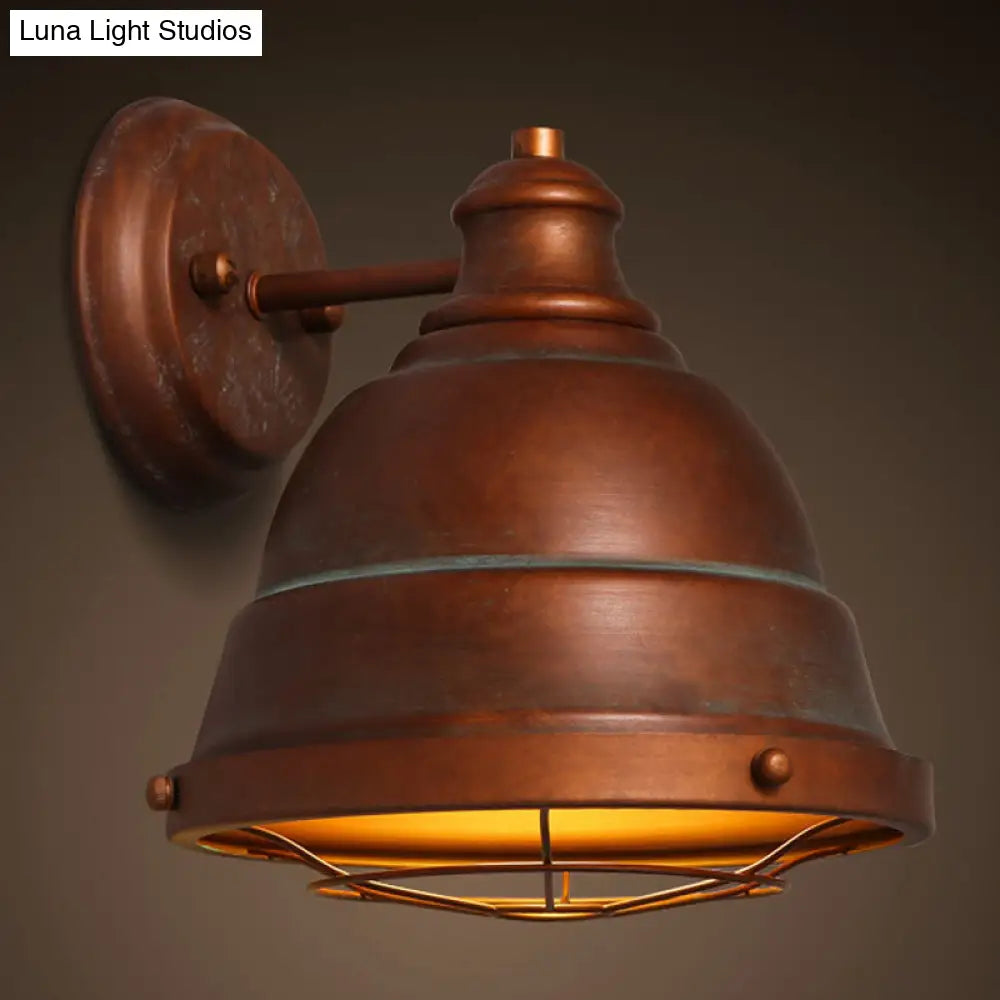 Vintage Style Wire Cage Wall Sconce With Dome Light For Staircase - Black/Weathered Copper