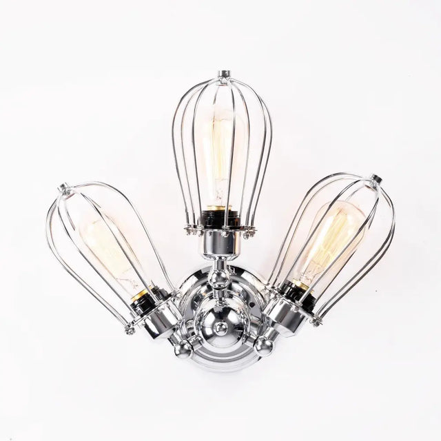 Vintage Stylish Metal Wire Guard Sconce Light - Polished Chrome 3 Bulbs Wall Lighting For Living