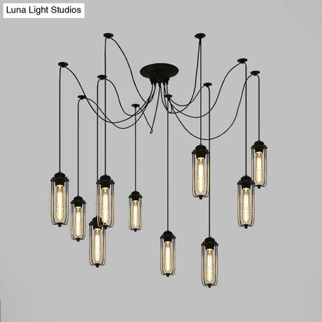 Vintage Swag Pendant Light With Adjustable 10-Head Metal Cage Shade - Black Hanging Lamp For Dining